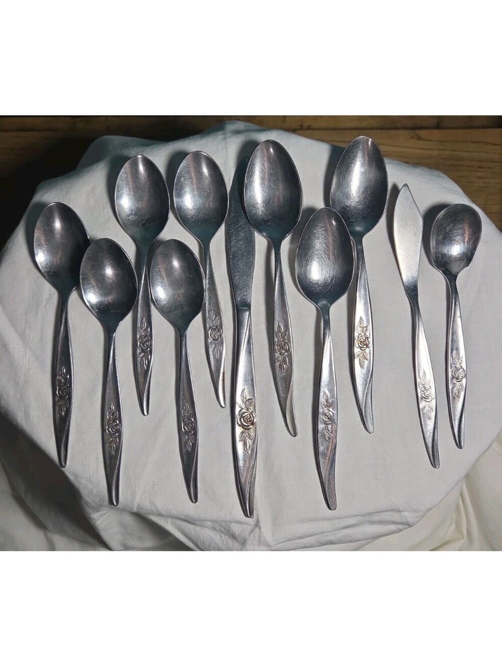 Vintage Avon Rose Stainless Lot 5 Spoons, 3 Tablespoons, 1 Knife, 1 Sugar Spoon